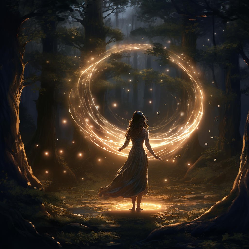 Young protagonist holding shimmering bronze ring in moonlit forest