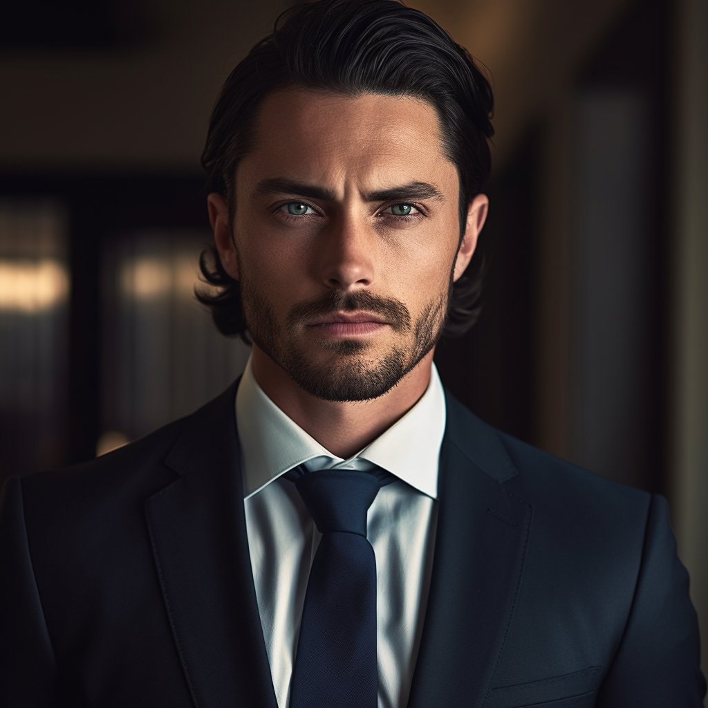 Handsome businessman in dark suit standing in office