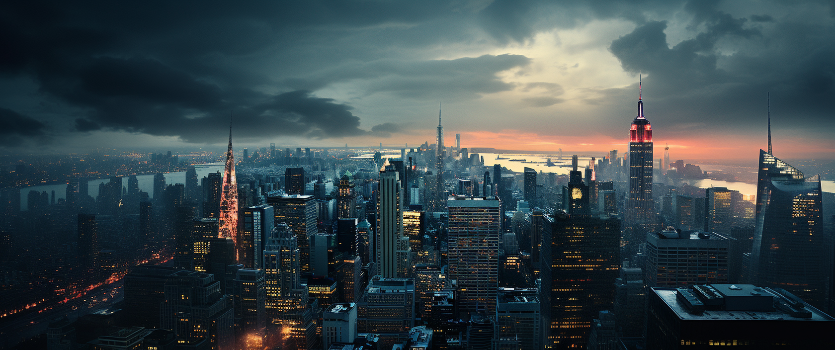 Lonely figure gazing at stormy cityscape