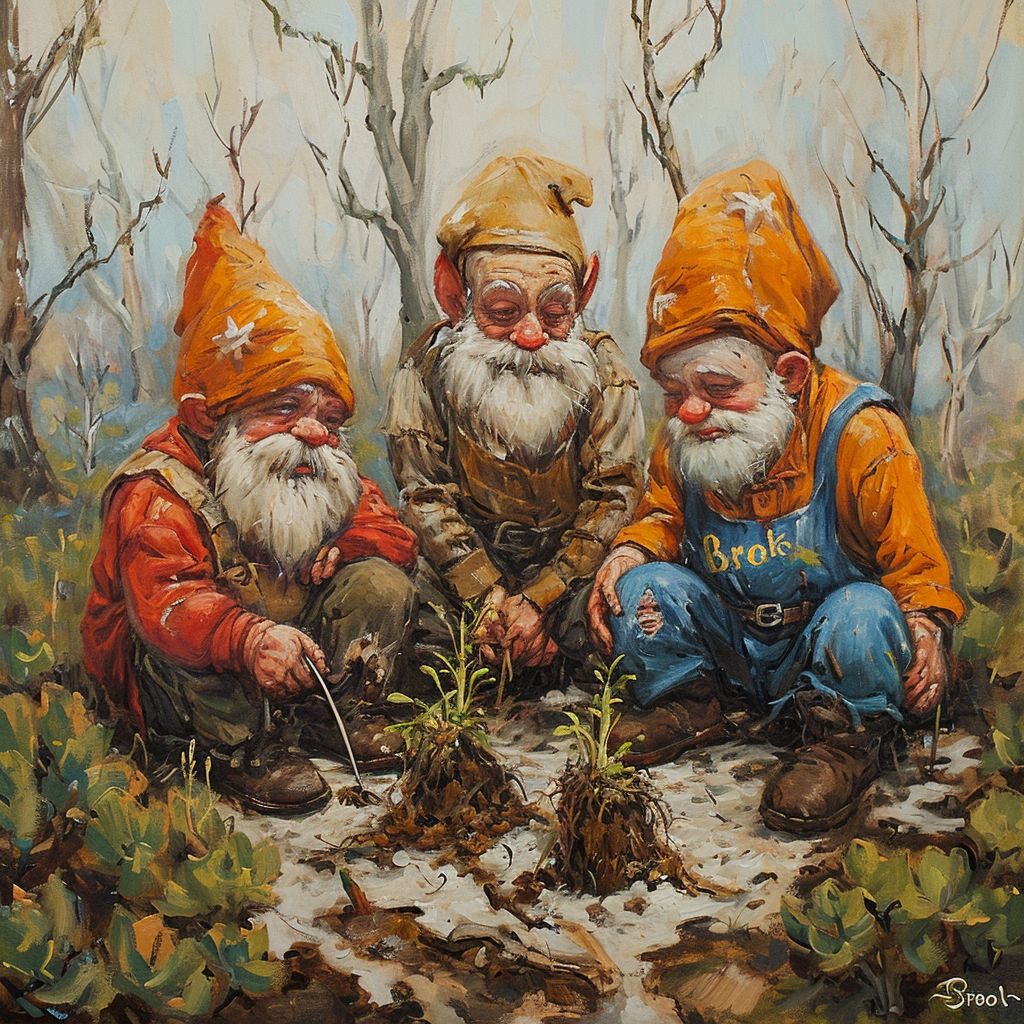 Three dwarfs planting plants in a dead forest