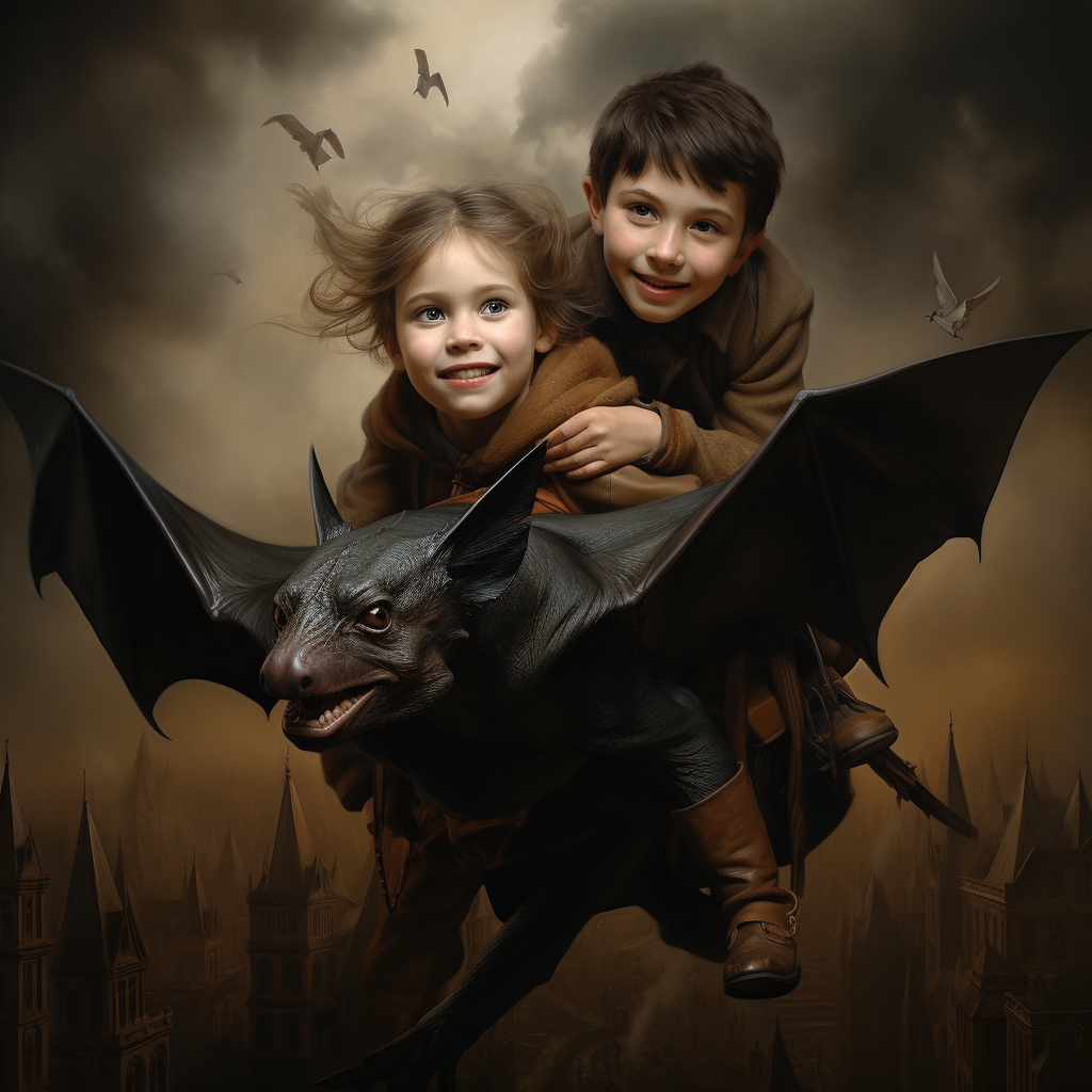 Brother, sister, and their pet bat flying together