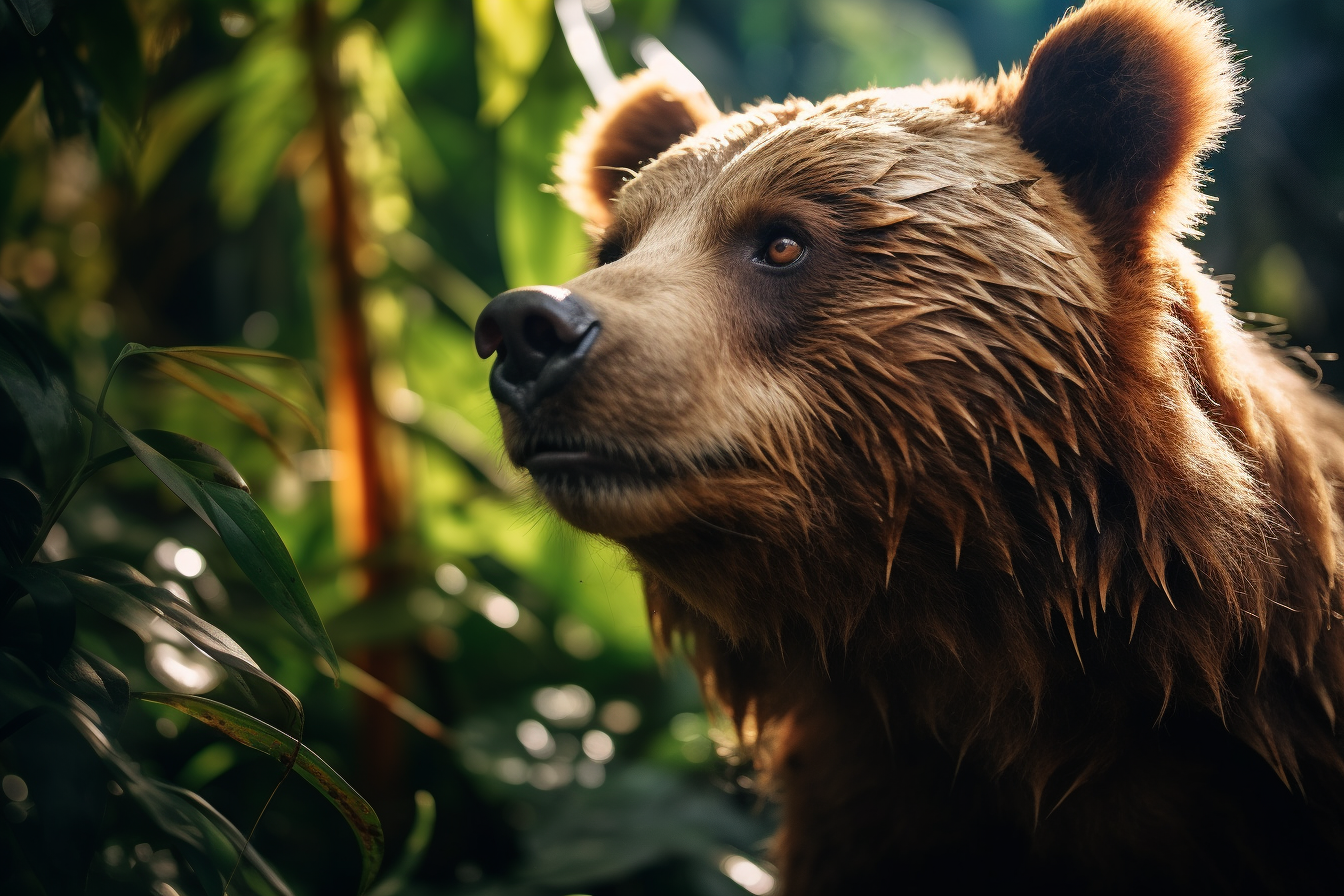 Brown bear in forest with blue lighting