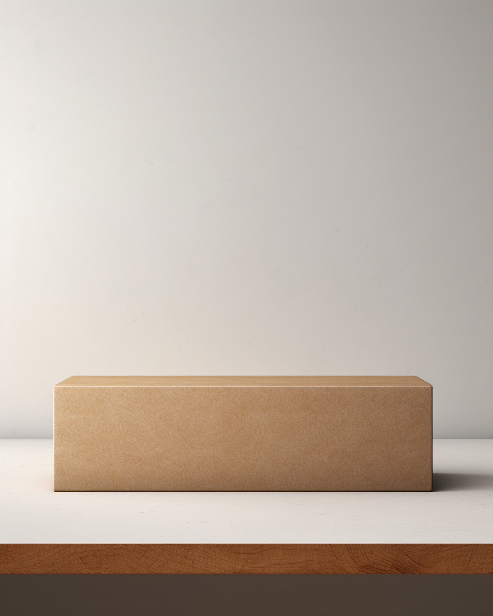 Realistic brown cardboard box on kitchen counter