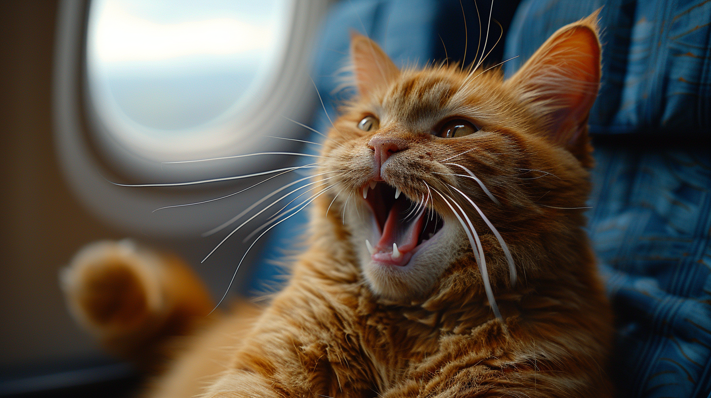 Brown cat panicking on plane seat