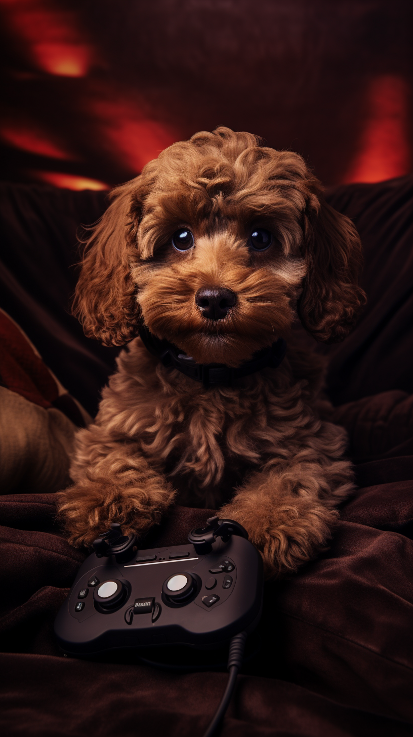 Adorable brown cavapoo immersing in VR gaming