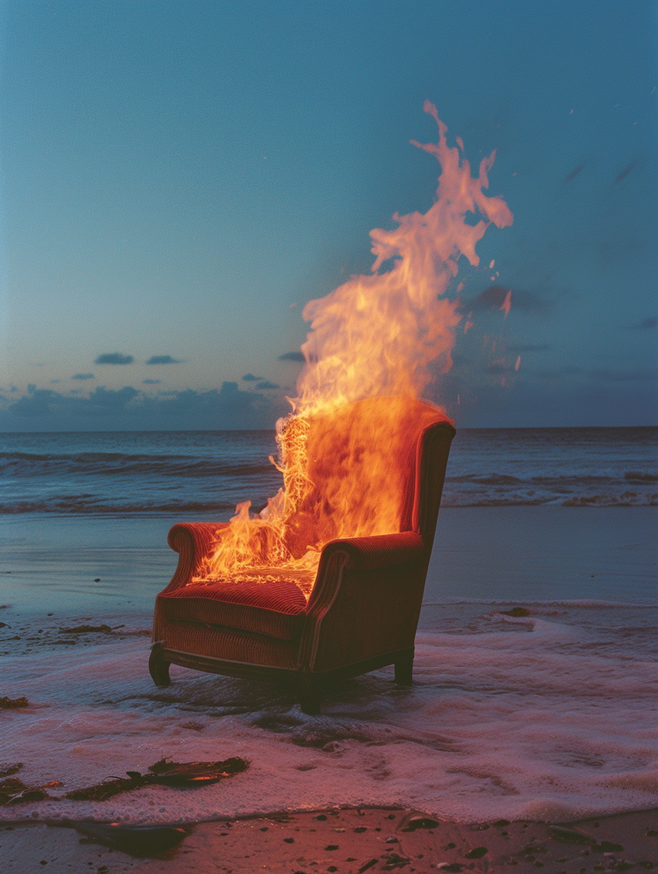 Brown corduroy chair falling from the sky