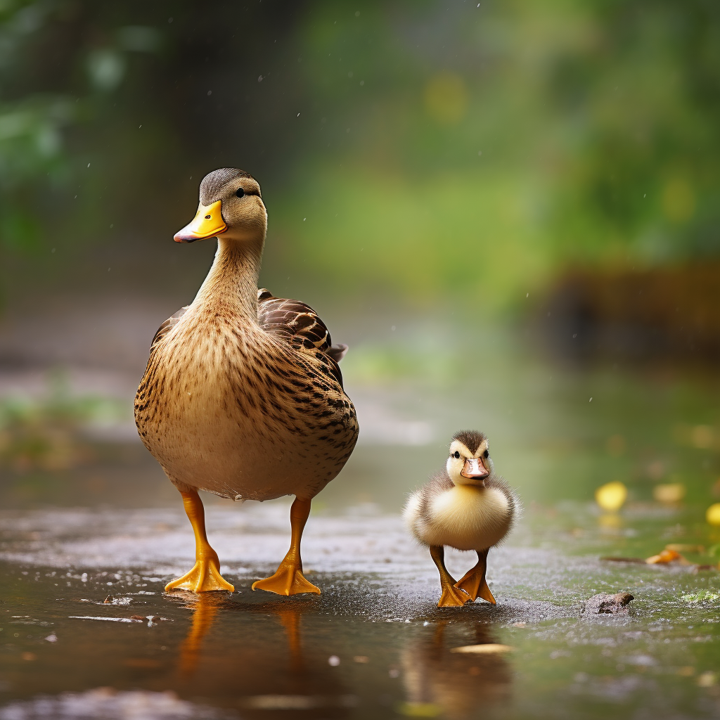 Cute brown duckling walking behind