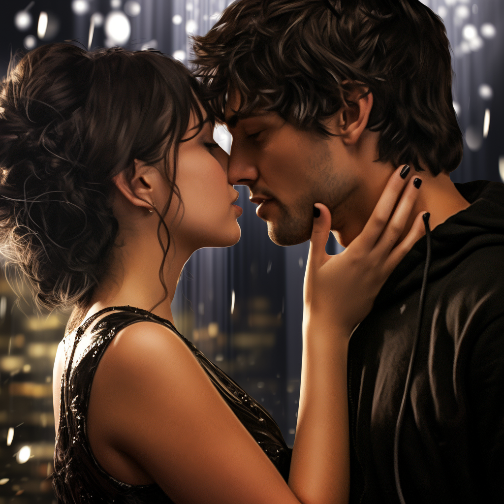 Romantic kiss between brown haired female and black haired male