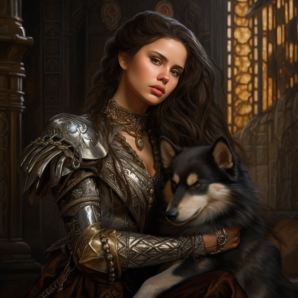 Brown Haired Female Princess with Black Puppy in Castle