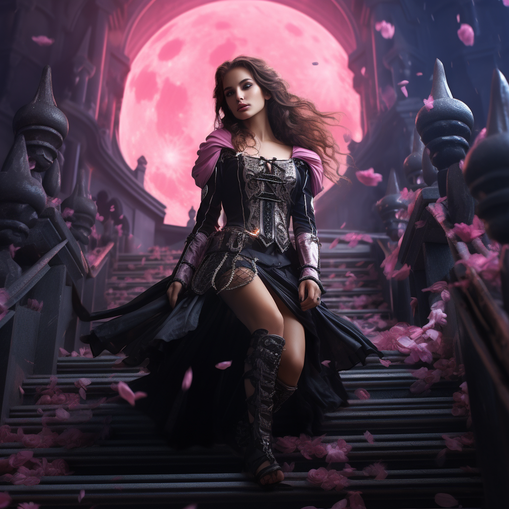 Brown-haired queen wearing black armor with pink flowers