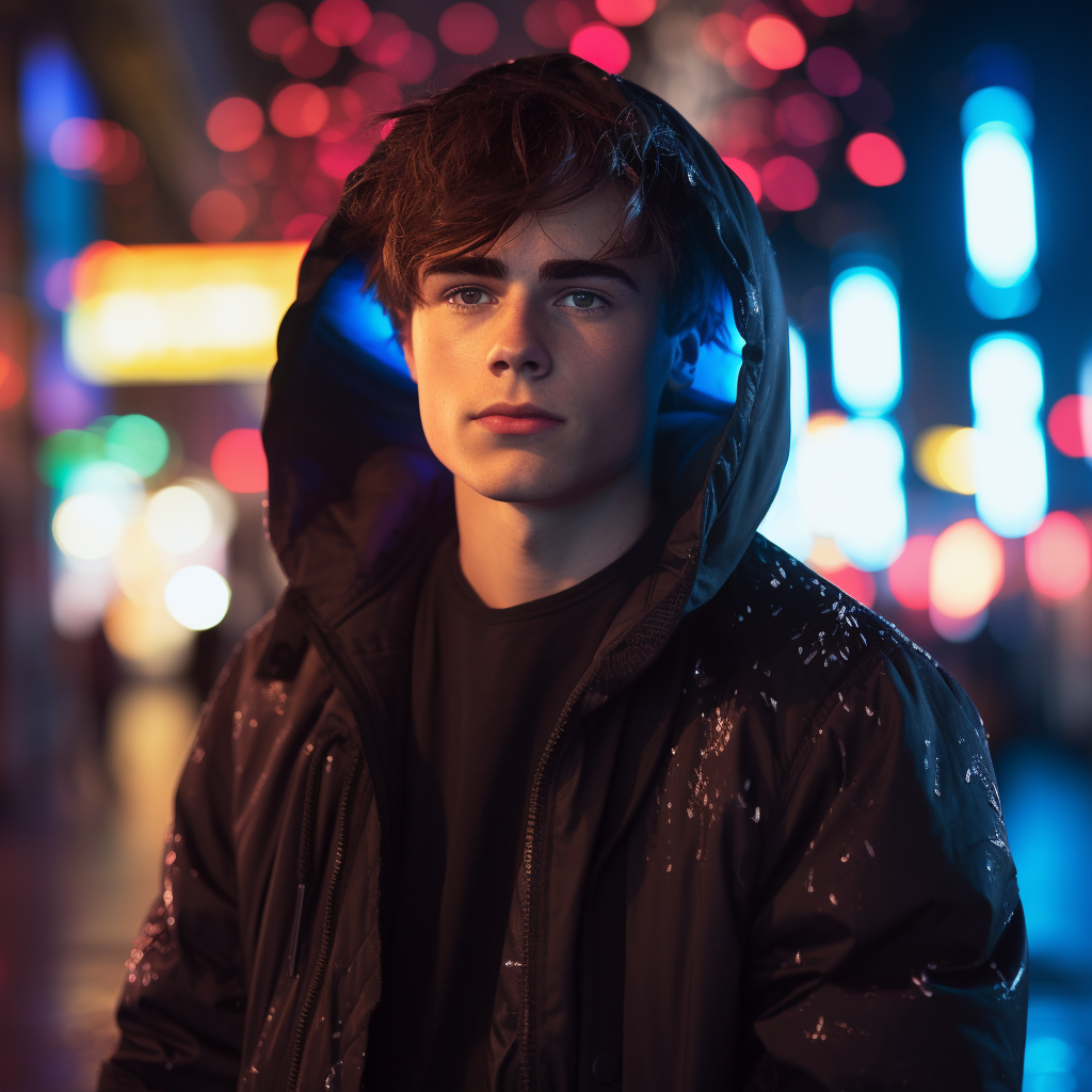 Fashionable teenager in black leather coat under neon lights