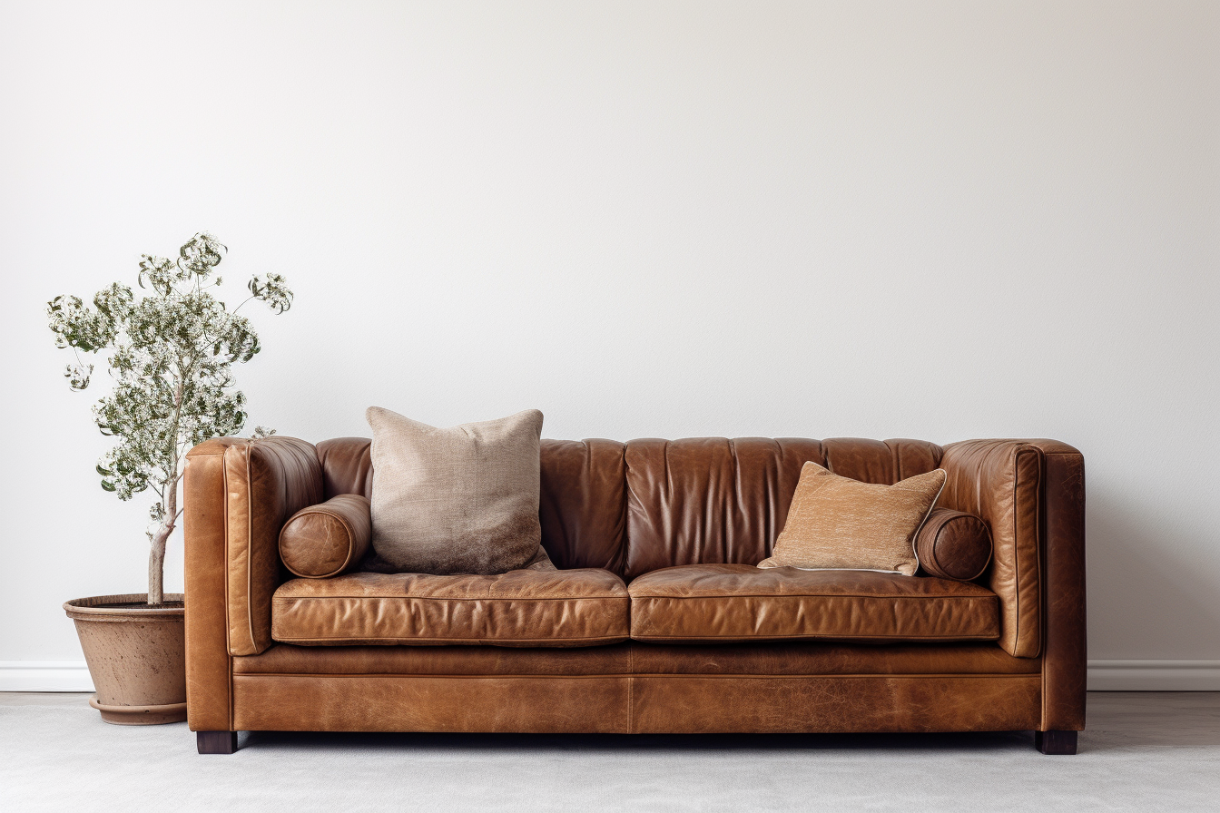 Brown leather couch against white wall