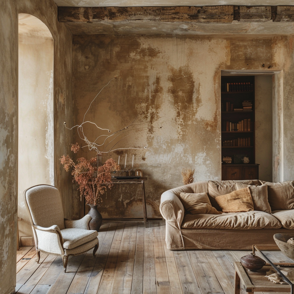 Brown room with limewash walls