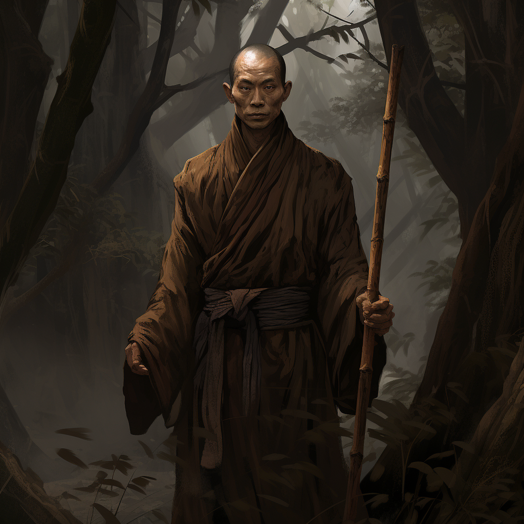 Peaceful monk with bamboo staff