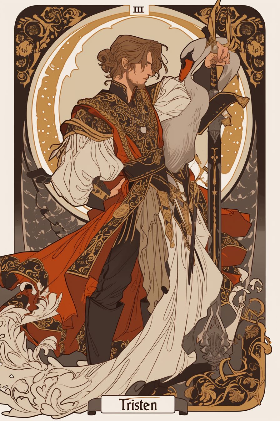 Brown noble male Timothe Chalamete in Alphonse Mucha style