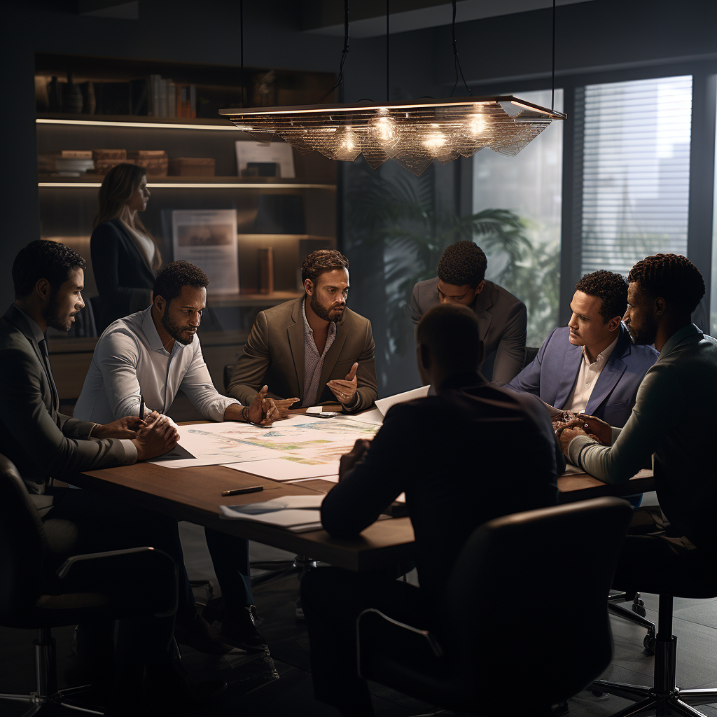 Brown-skinned businessmen brainstorming strategy in office