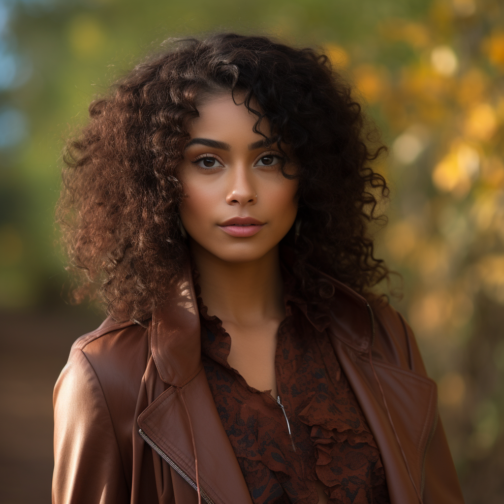 Young Woman with Curly Hair Smiling in Park