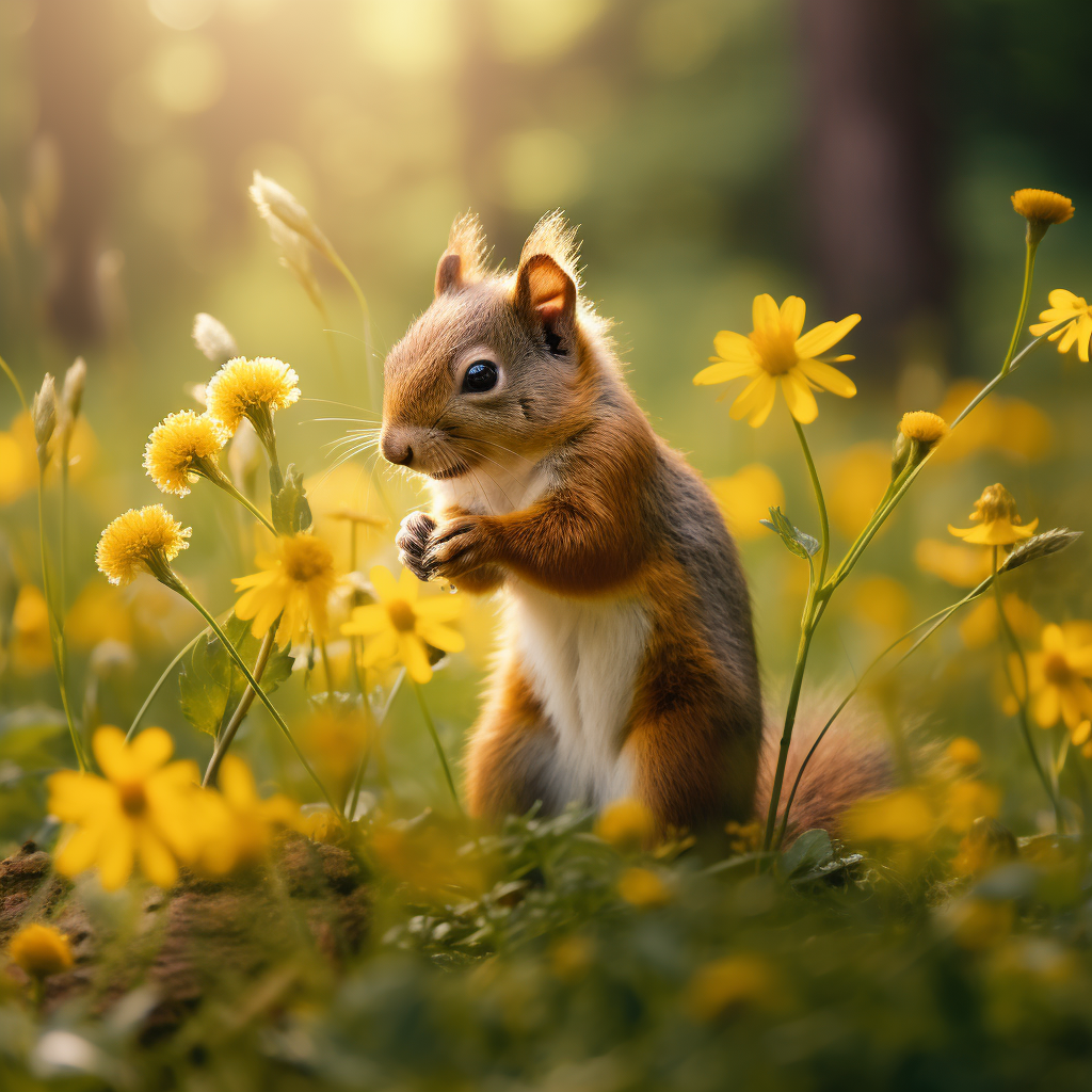 Brown squirrel smelling yellow flower in grass