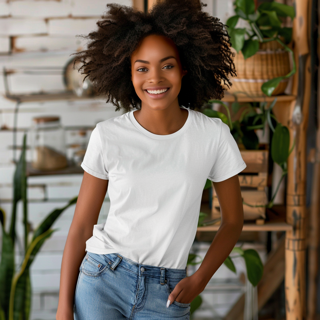 Dark skin woman with white tshirt and Afro