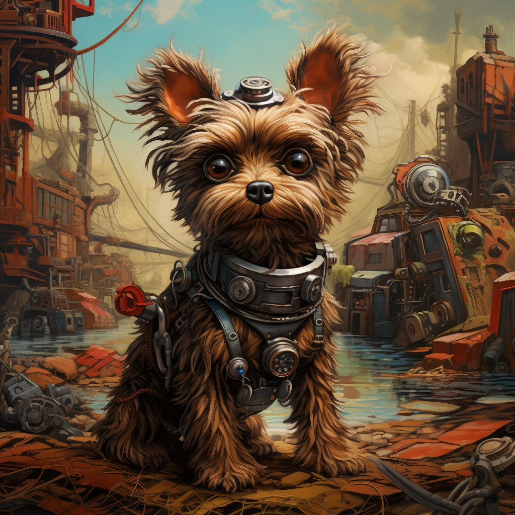 Brown Yorkie Robot in Cyberpunk World