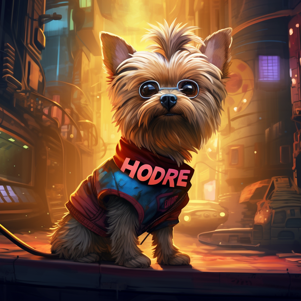 Adorable brown yorkie wearing superhero shirt named Hobbes