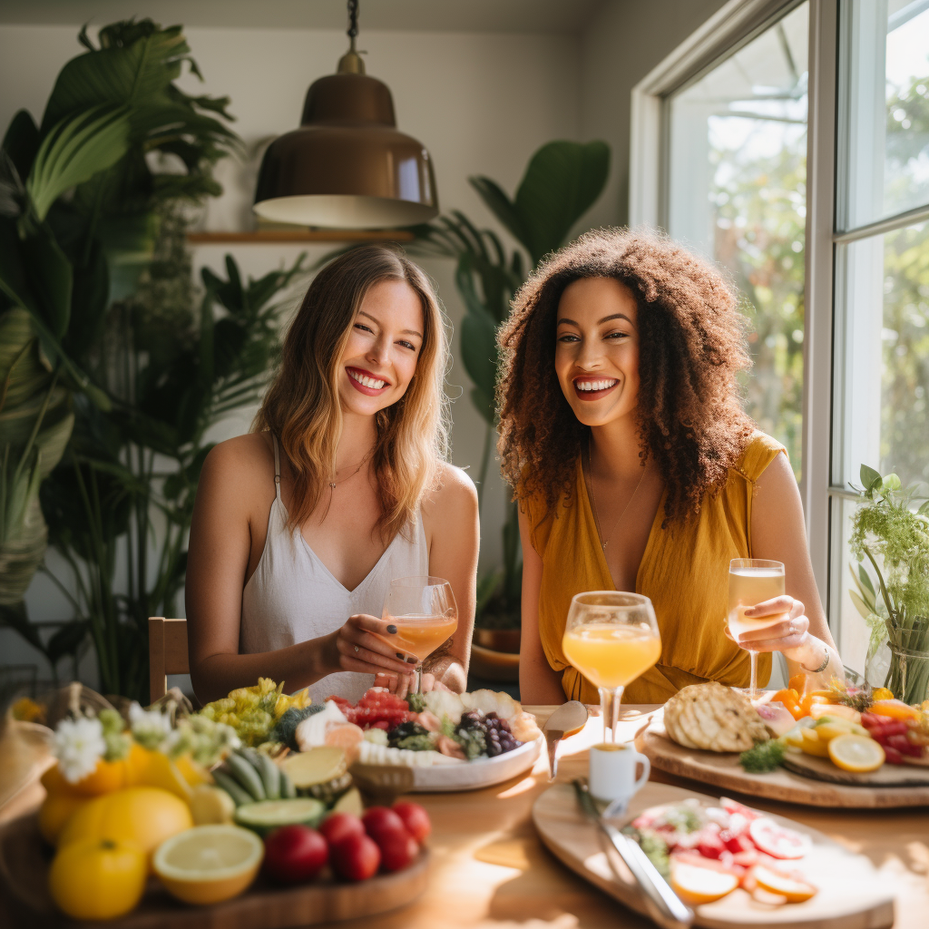 Two women sharing charcuterie board and mimosas