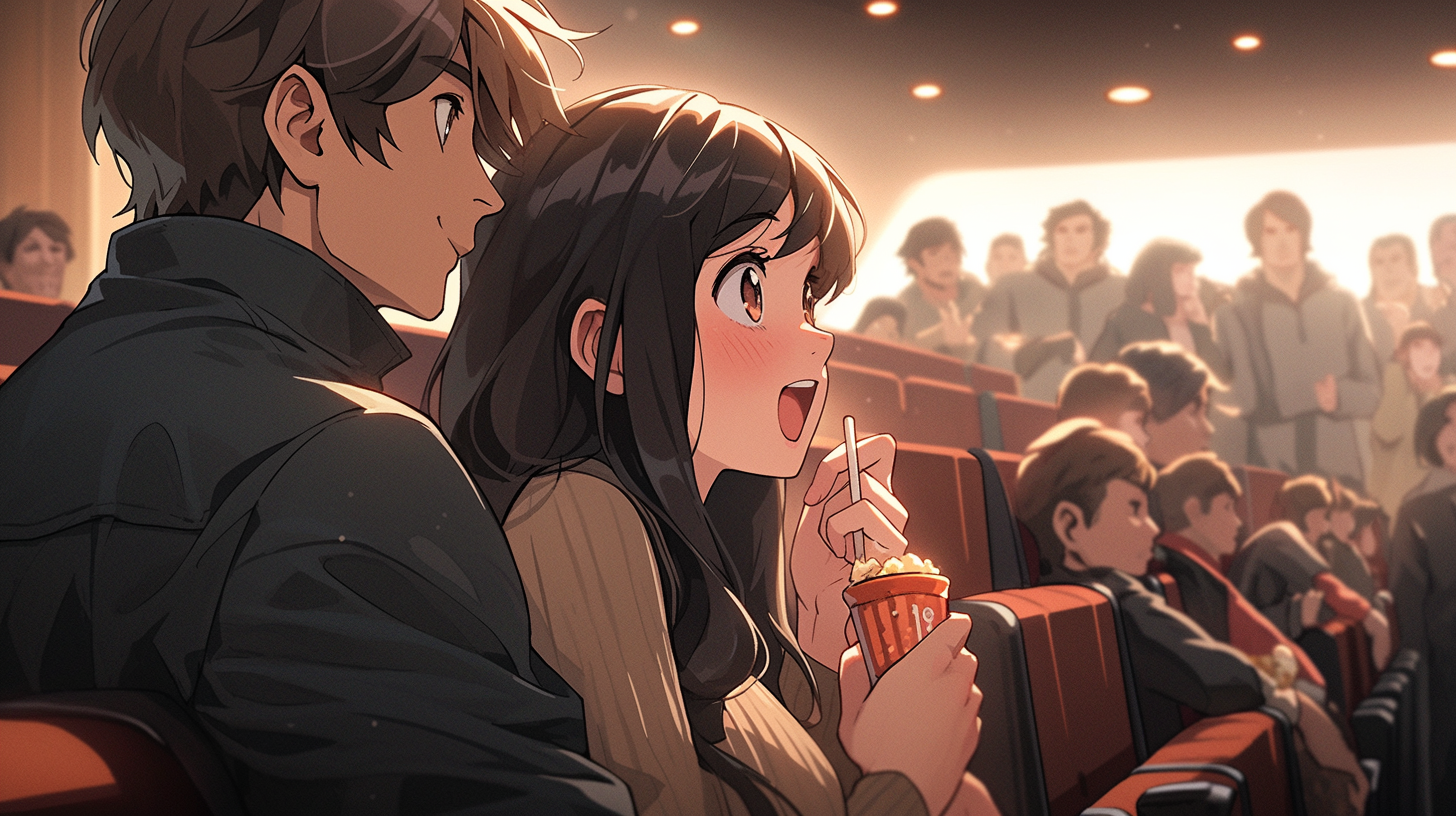 Brunette girl and boy holding hands in movie theater