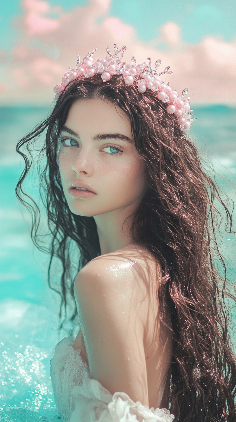 Brunette girl with diadem by ocean