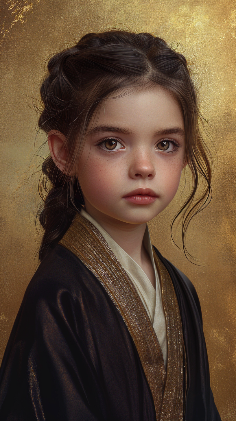 6 year old brunette girl in Jedi clothes