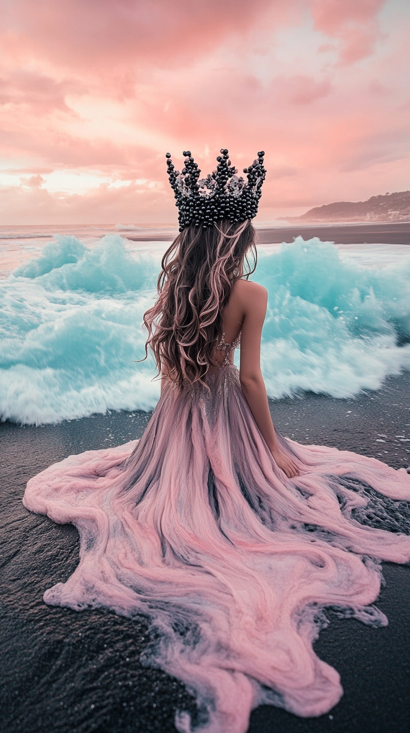 girl with long wavy hair on black sand