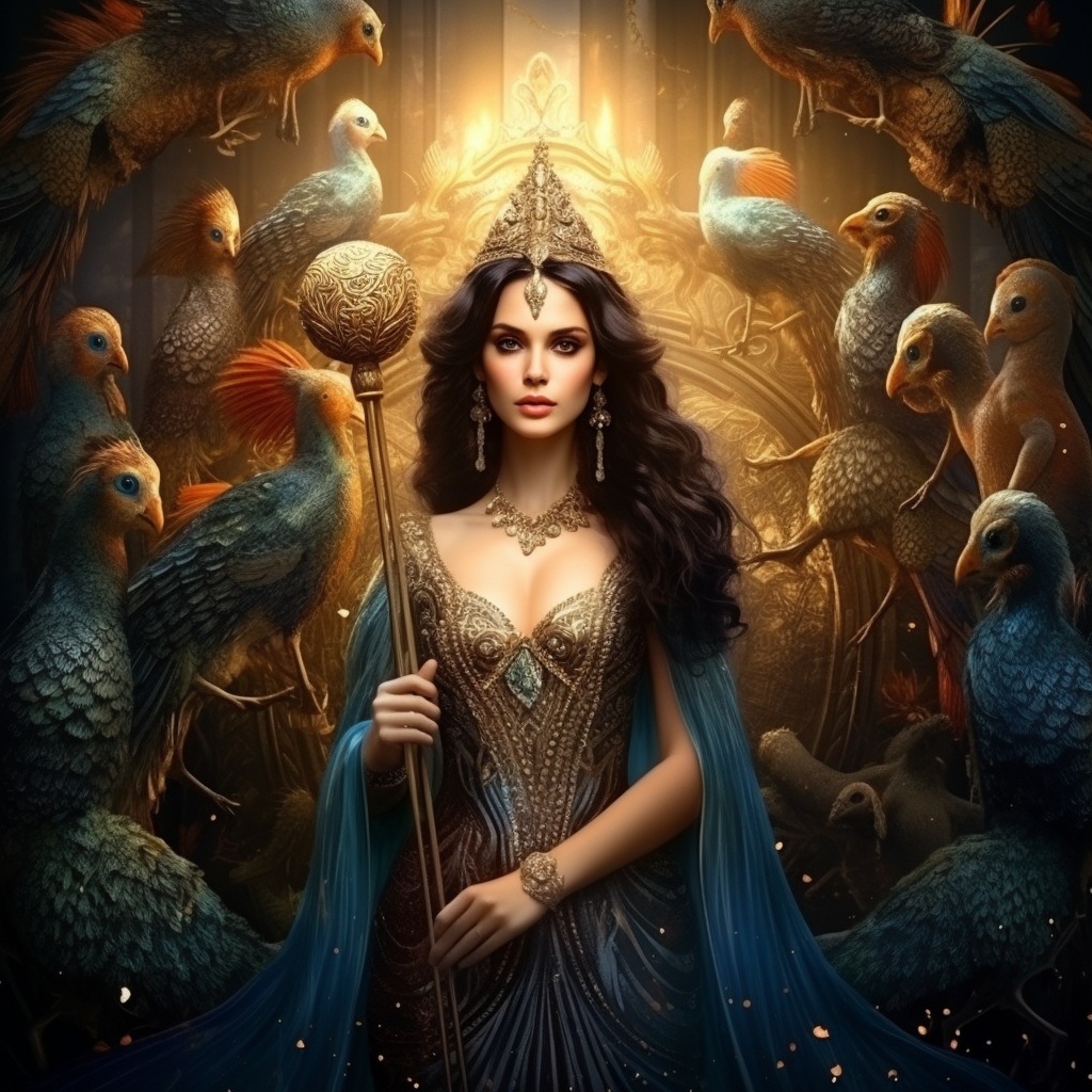 Scepter-wielding brunette goddess with peacocks and orbs