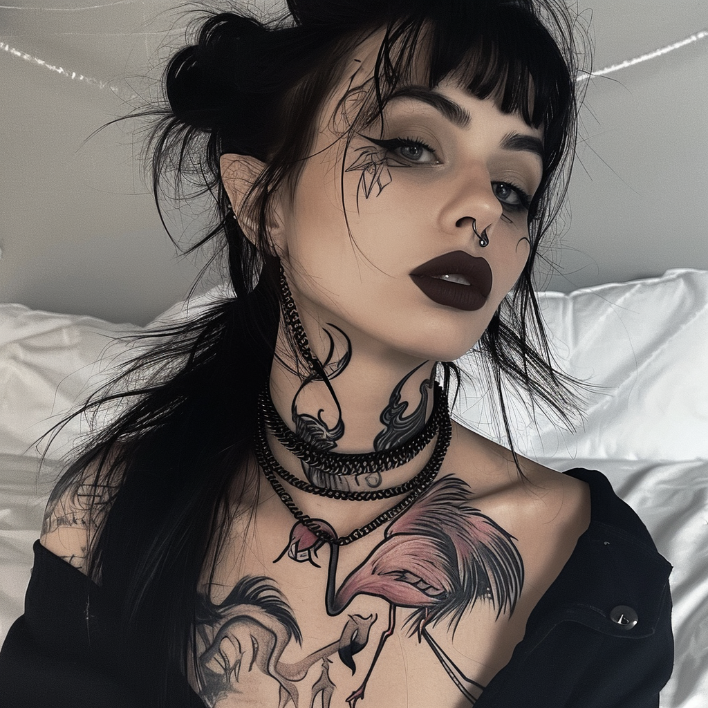 brunette half elf with flamingo tattoo