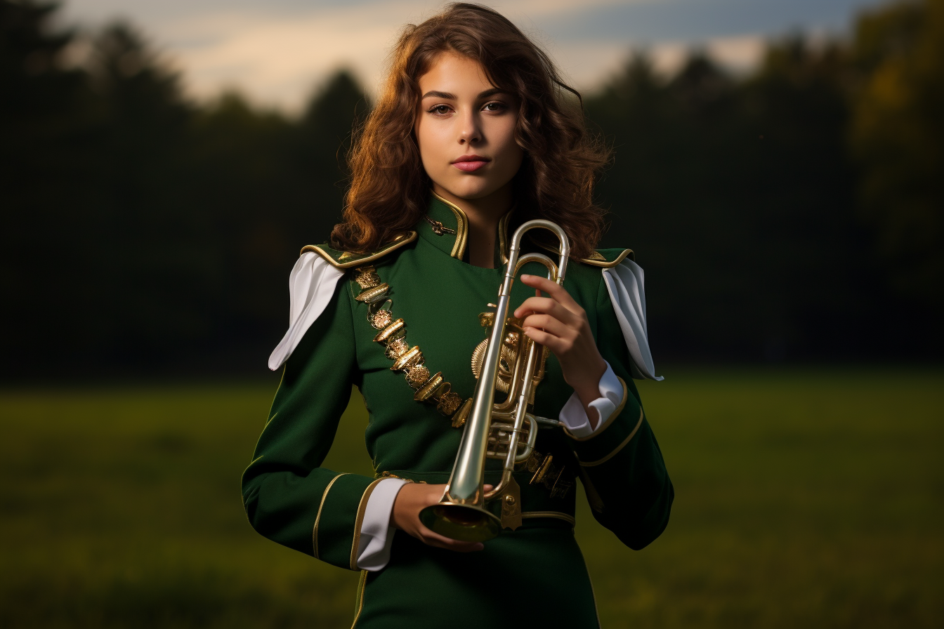 Young woman in band uniform playing trumpet