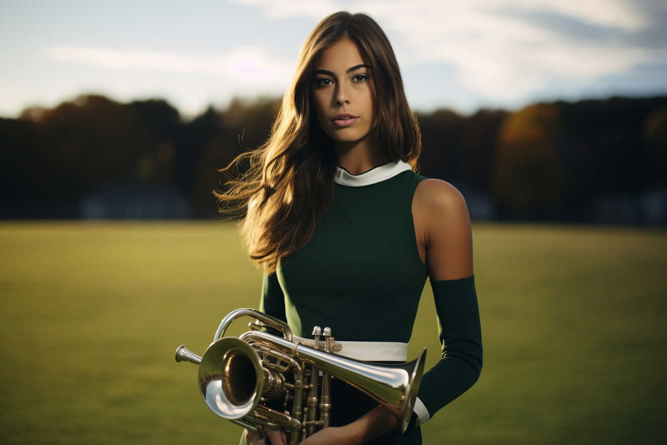 Young woman playing trumpet in band uniform