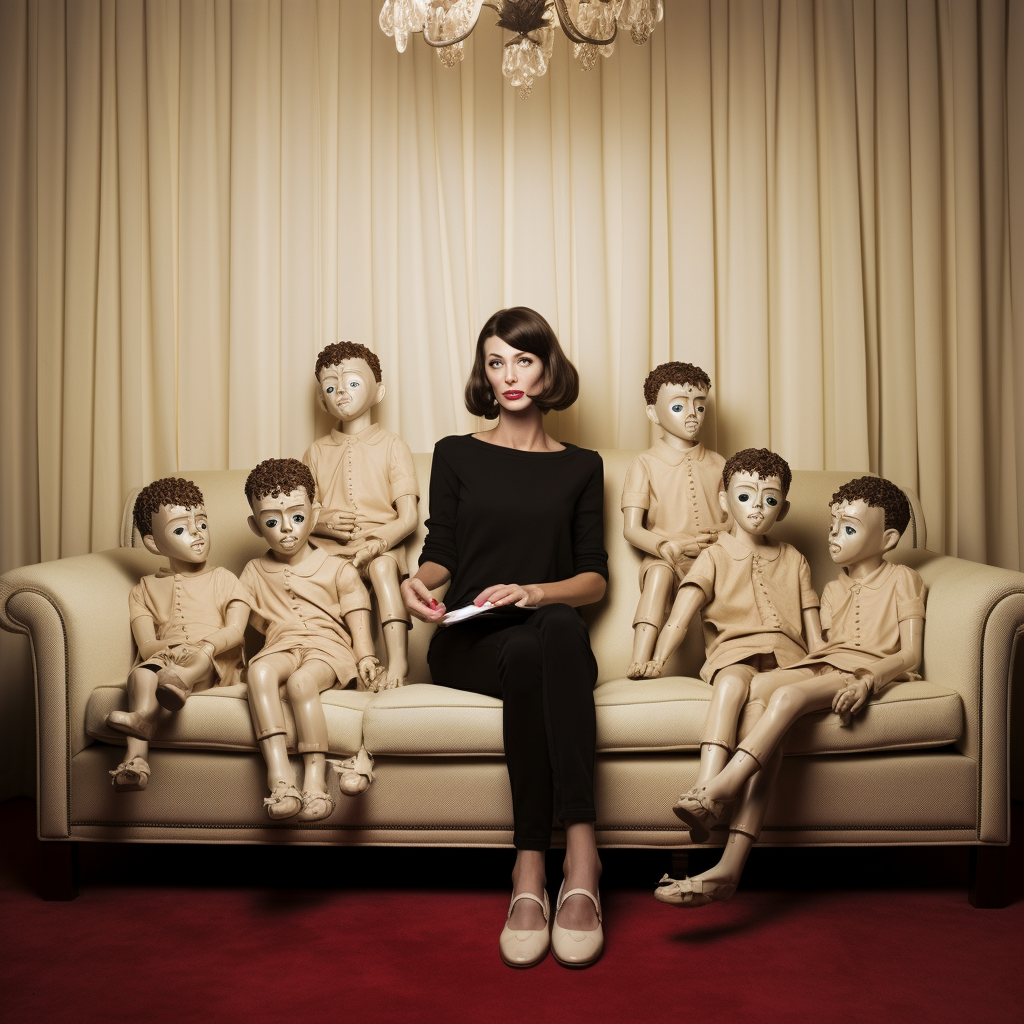 Brunette woman sitting on beige couch with child mannequins