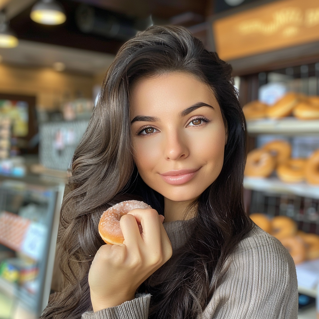 Brunette woman smiling at donut shop