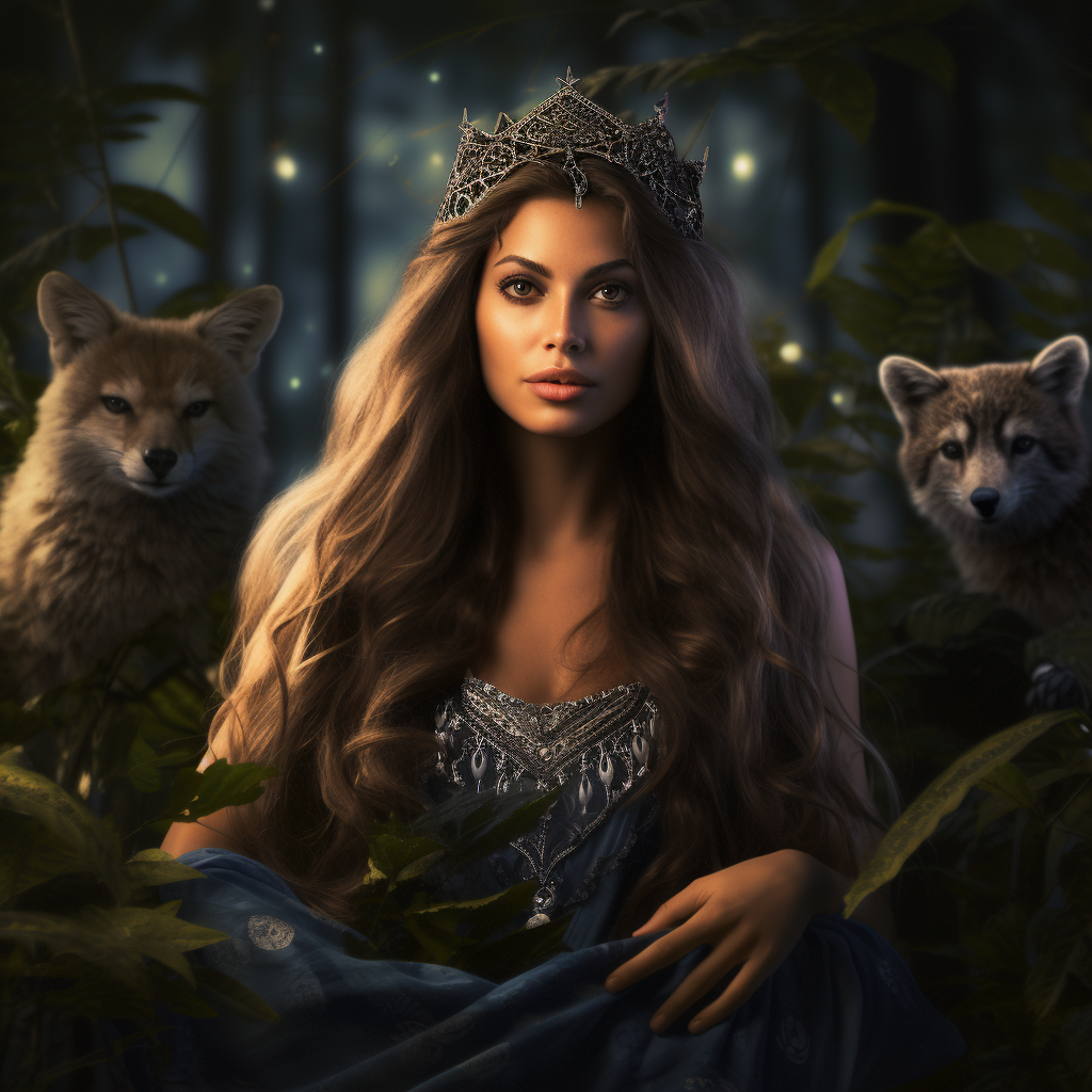 Long-haired brunette woman surrounded by forest animals