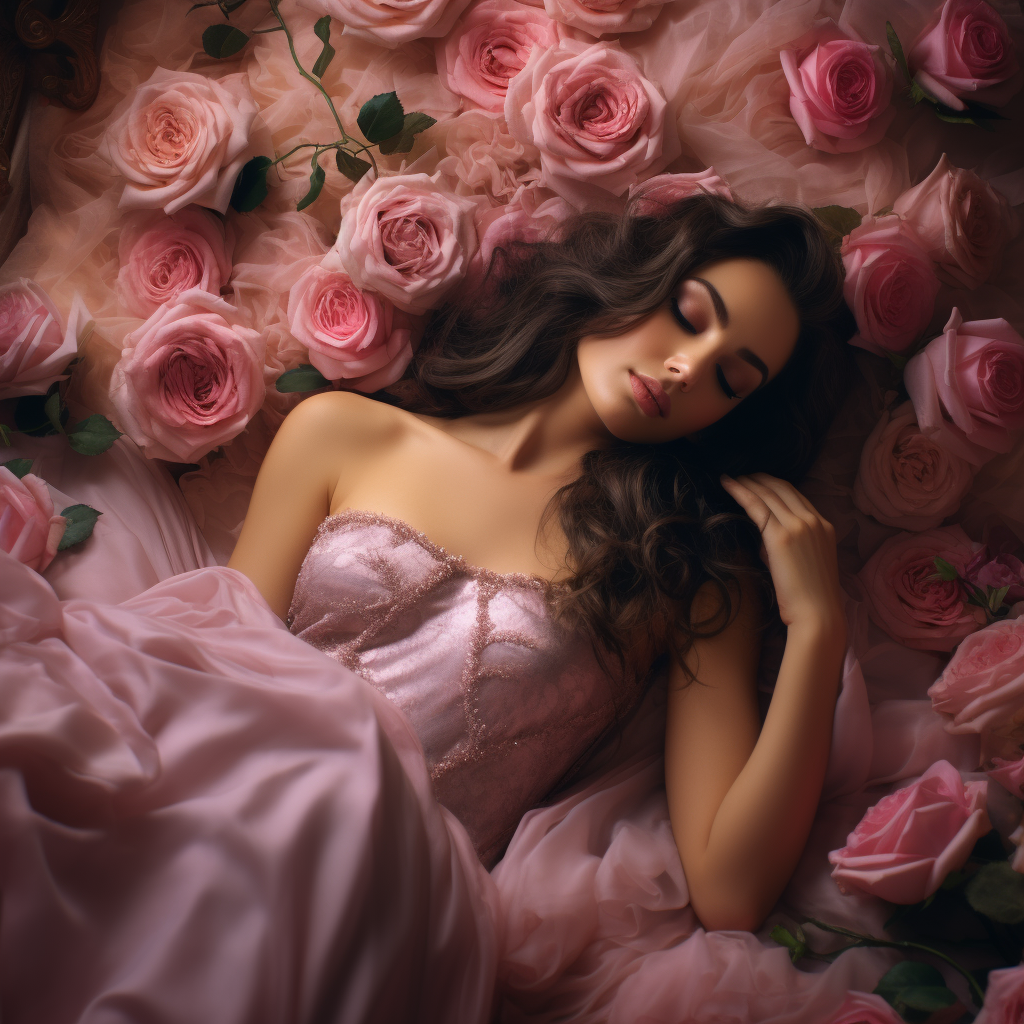 Sleeping brunette woman in pink pajamas surrounded by pink roses