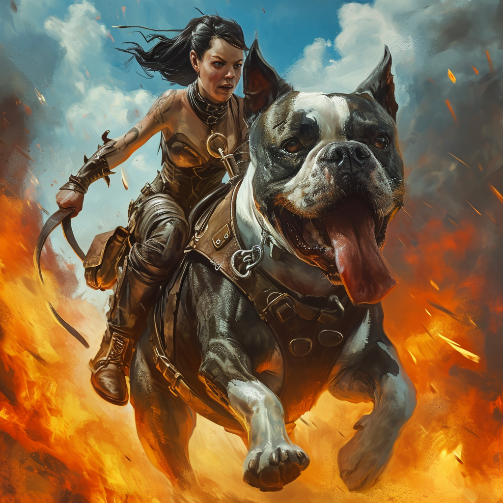 Brunette woman riding giant warrior terrier