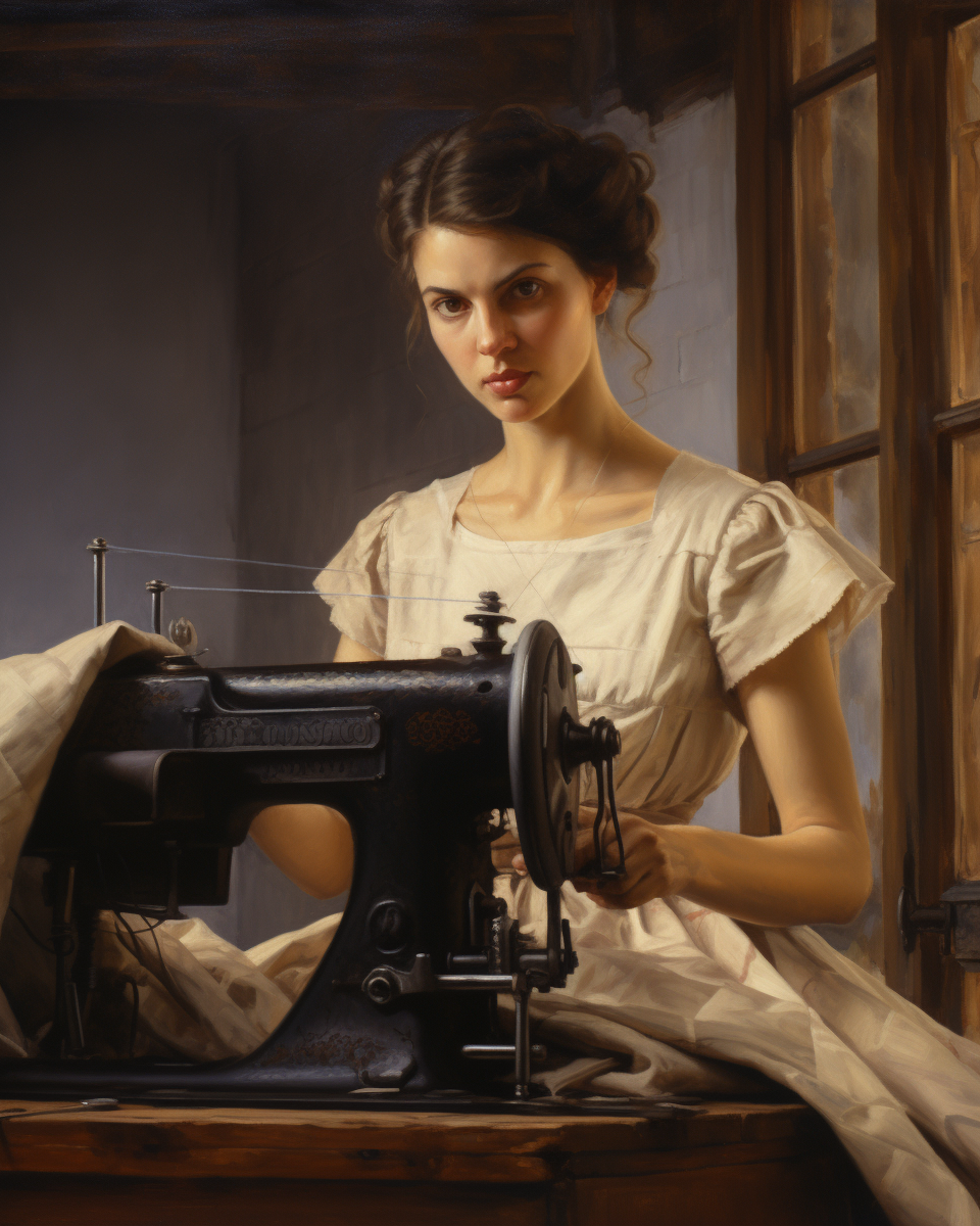 Painting of brunette woman inventing sewing machine