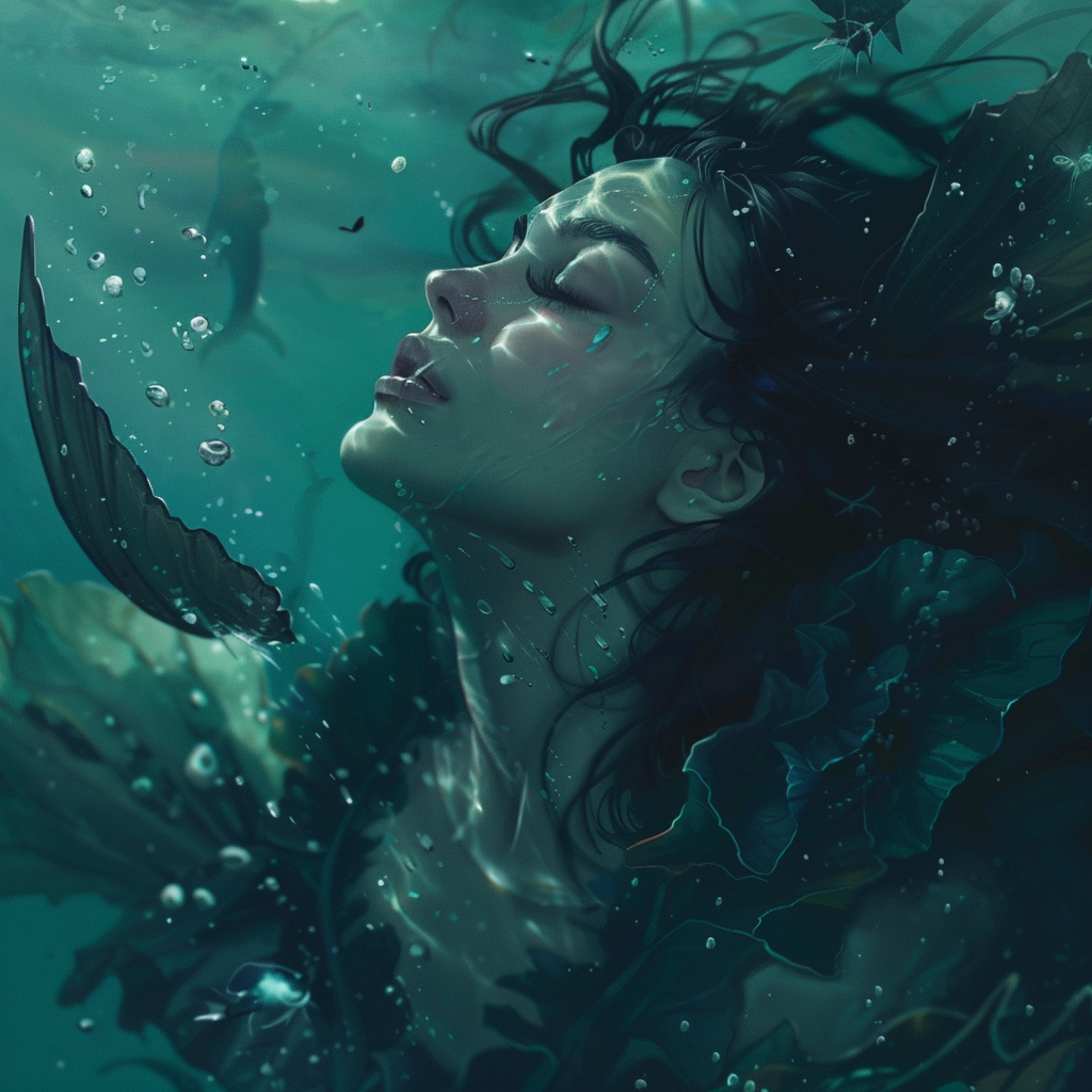 brunette woman underwater breathing gills