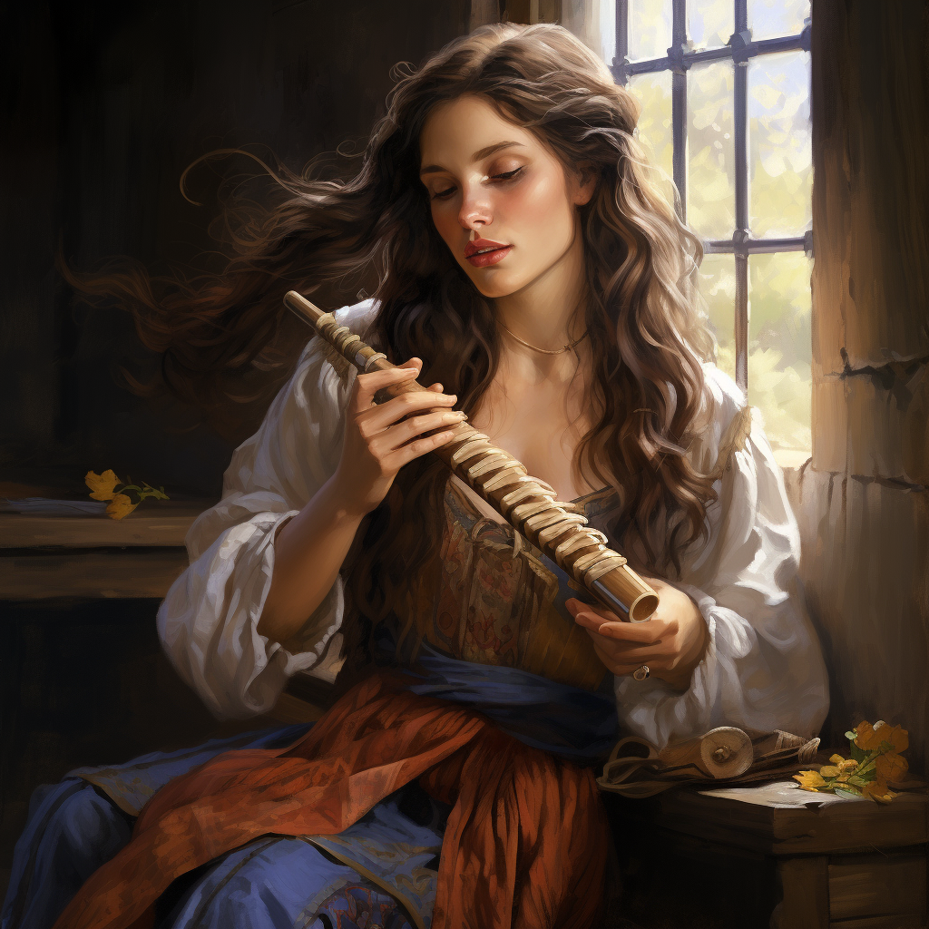 Talented brunette bard playing panflute