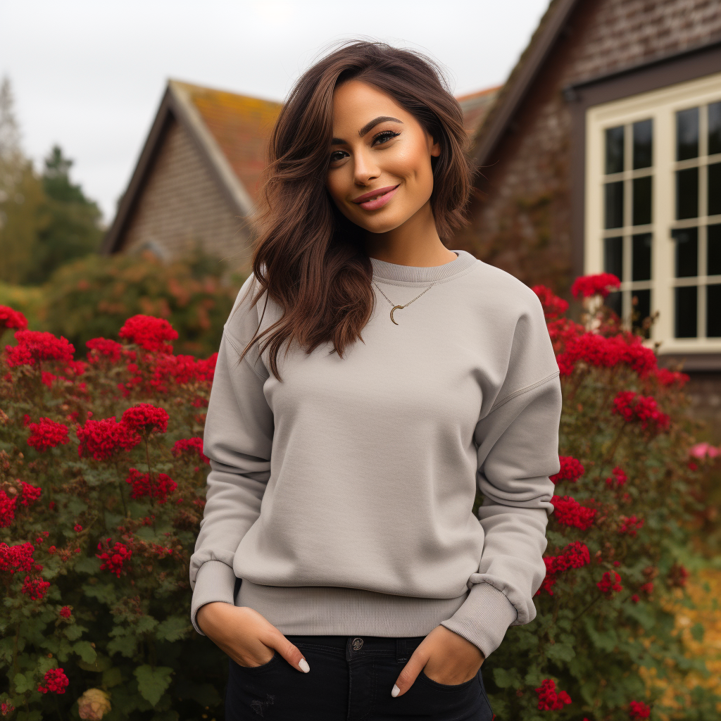 Brunette in Grey Sweatshirt and Red Roses