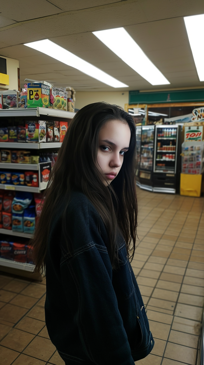 Candid photo of pretty brunette girl in convenience store