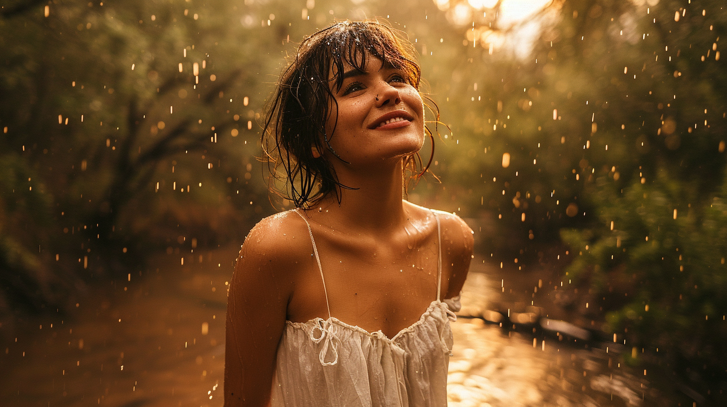 Brunette Latina woman in a white dress enjoying the rain