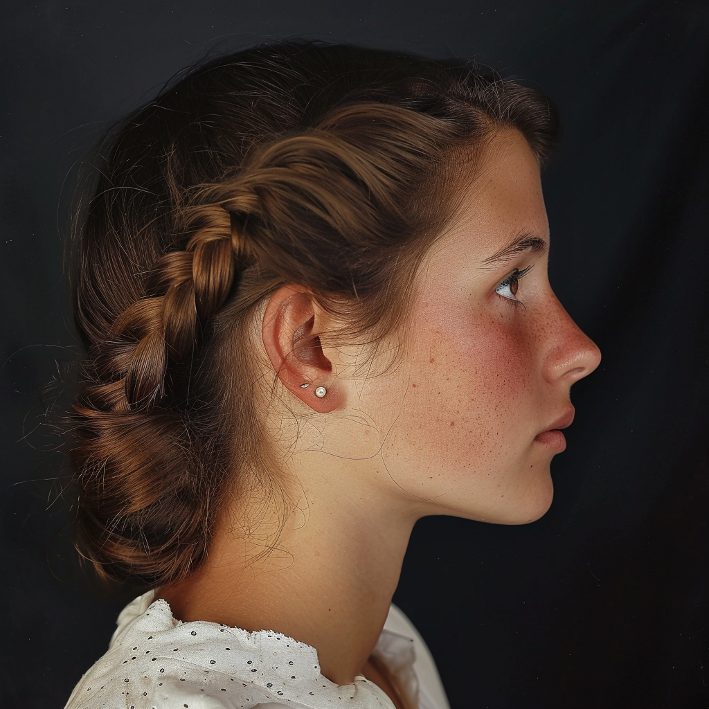 brunette woman with pearl stud and braid