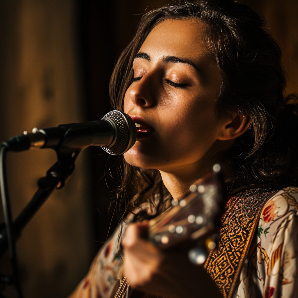 Beautiful brunette woman singing solo