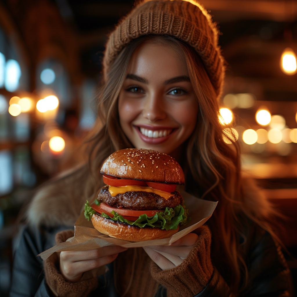 Brunette women with large burger laughing in restaurant