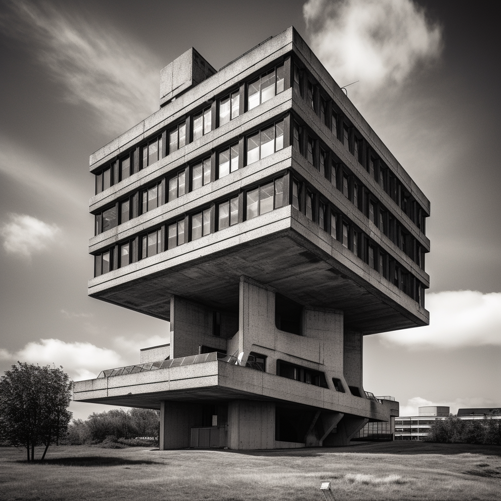 Analog black and white photo of a carrot-inspired brutalist building