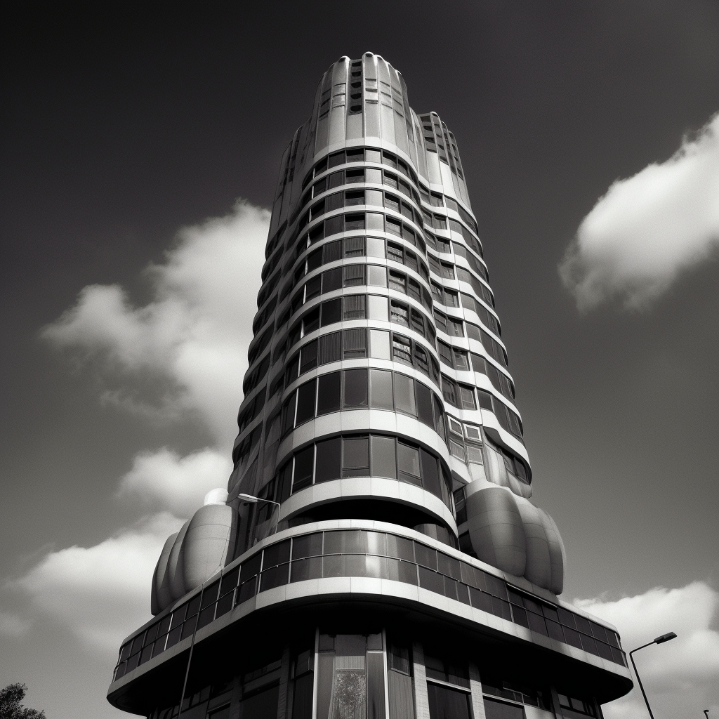 Carrot-inspired Brutalist Tower in Black and White